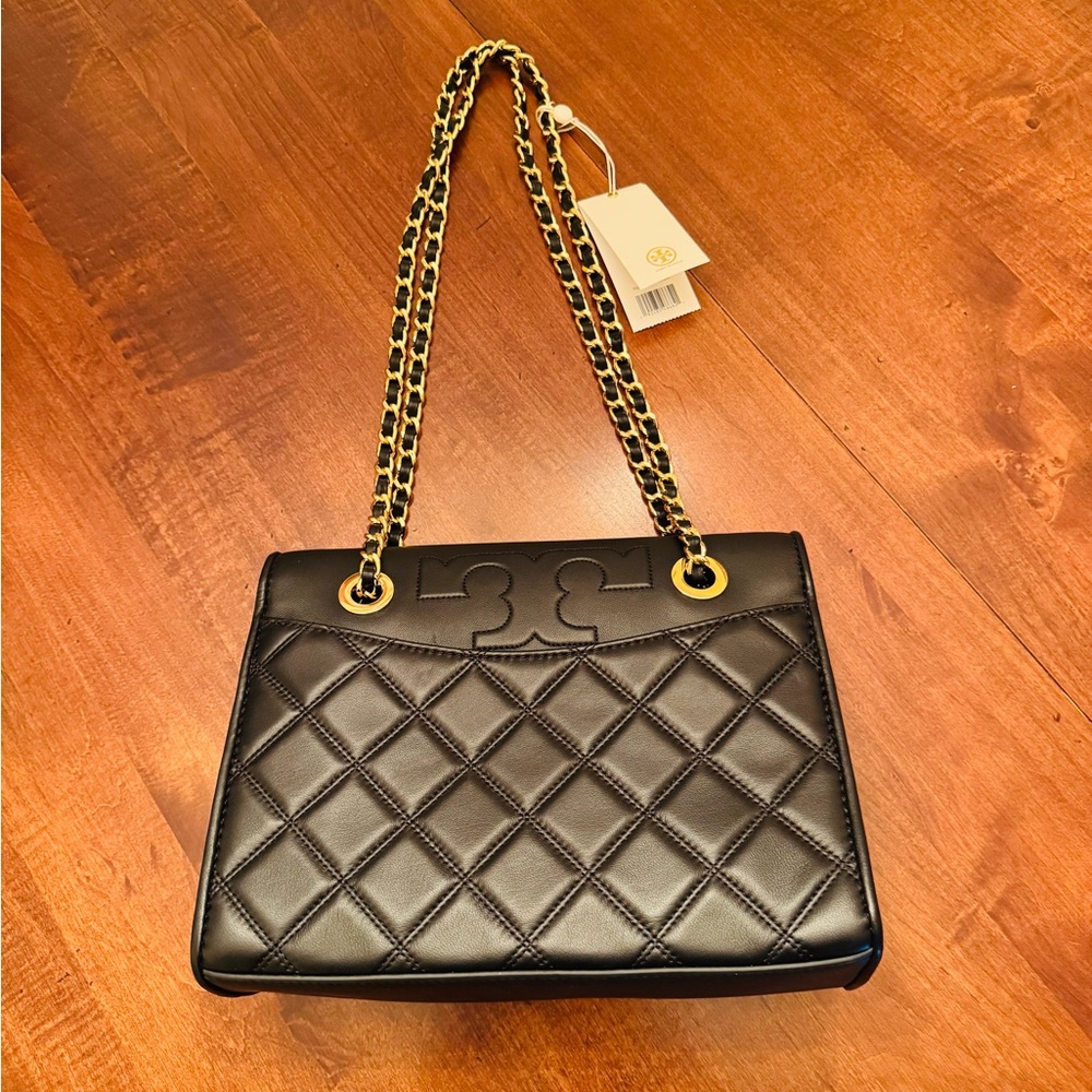 Tory Burch Savannah Black Leather Shoulder Bag with Gold Chain